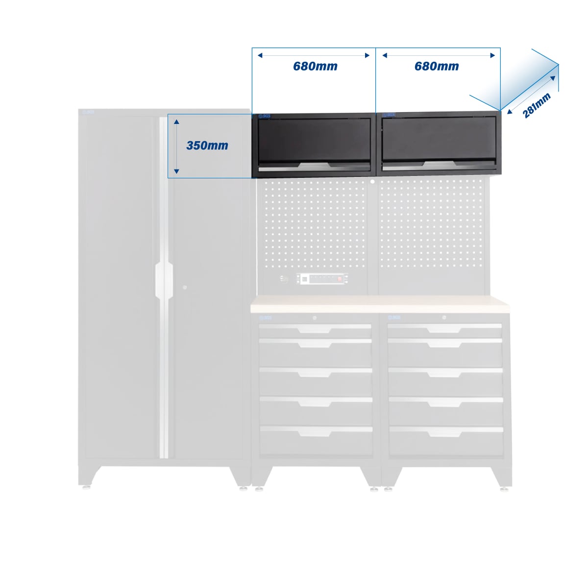 SGS 7pc Modular Garage Storage | 10 Drawers | Plywood Worktop | 2x Upper Cabinets | Tall Double Cabinet | Pegboard with Power Strip